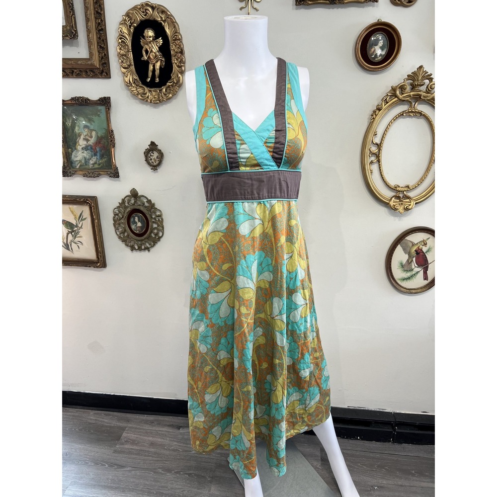St-Martins Vintage Y2K Teal Blue Brown Floral Print V-Neck Midi Dress Size XS